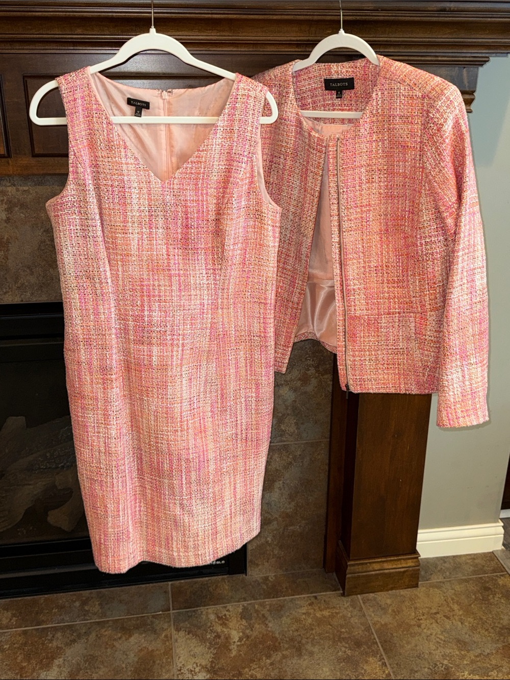 Talbots Size 12 Pink Boucle Tweed Dress Jacket Set designer inspired office